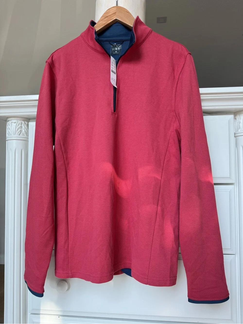J. Crew Raspberry Quarter-Zip Pullover with Navy Trim NWT size M